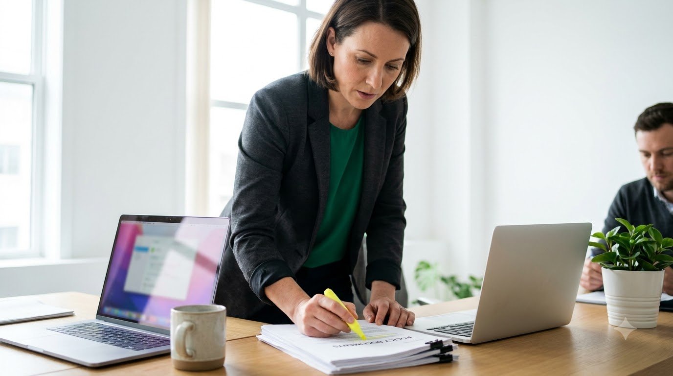 A woman highlighting passages in printed reports beside a laptop