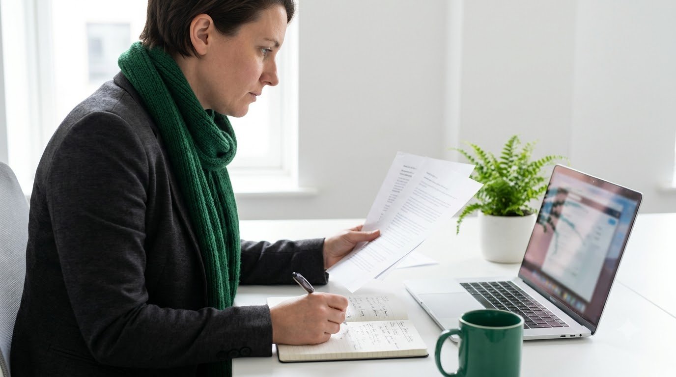 A reviewer checking a printed document against notes next to a laptop