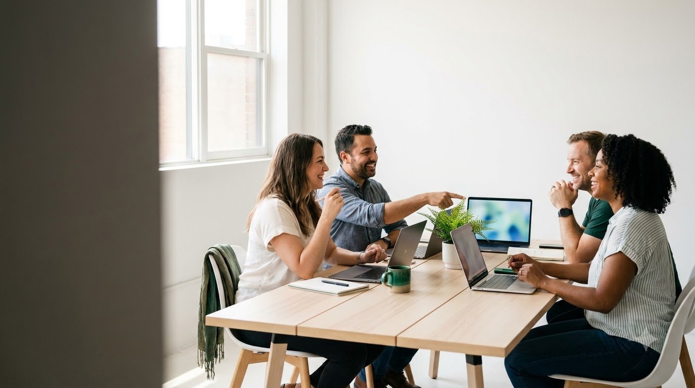 Four colleagues working through a process together around a table with laptops