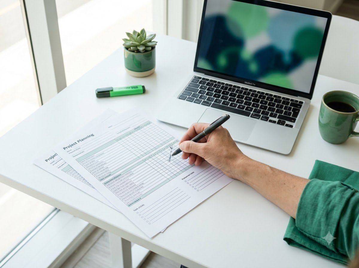 A hand filling in a printed project-planning worksheet beside a laptop