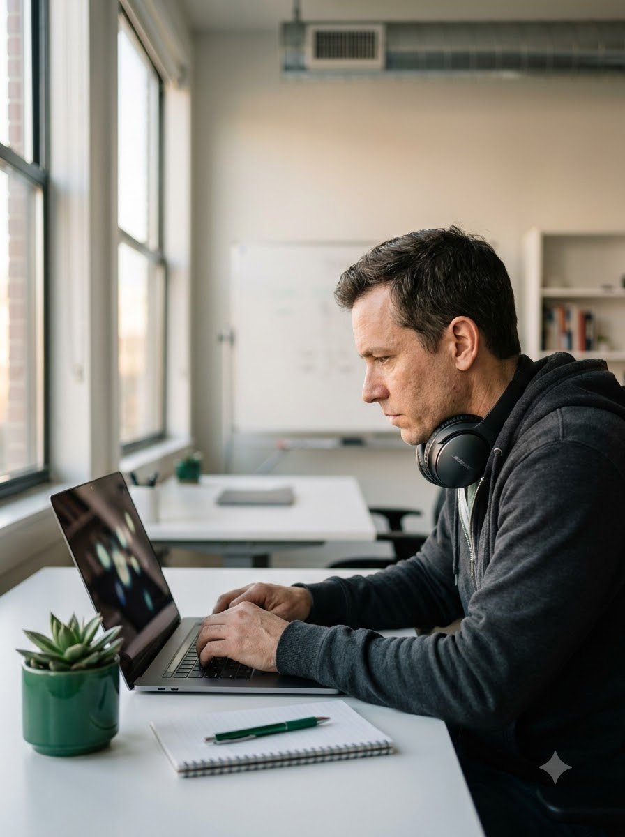 A developer focused on writing code at a laptop