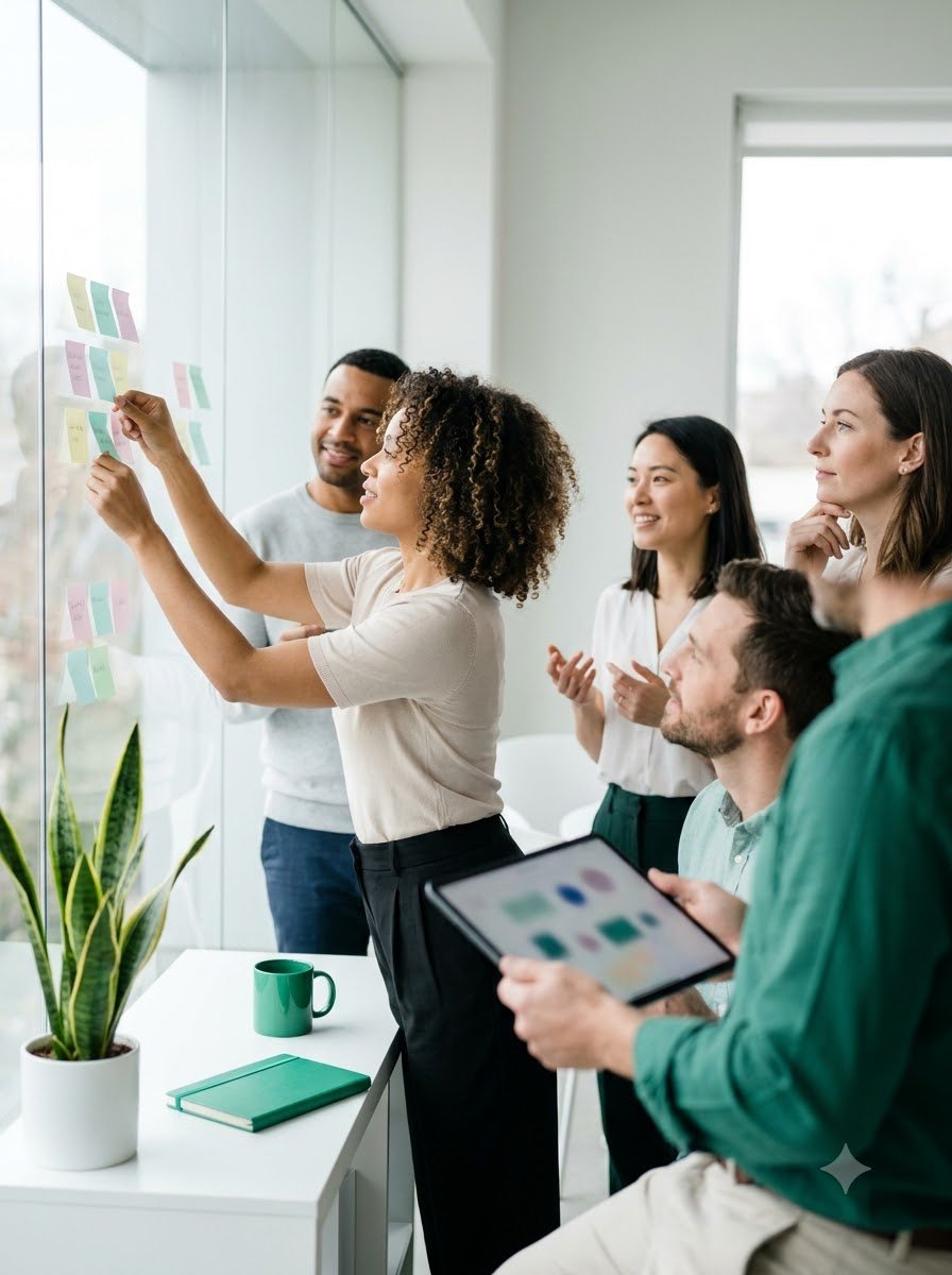 A team grouping sticky notes on a glass wall