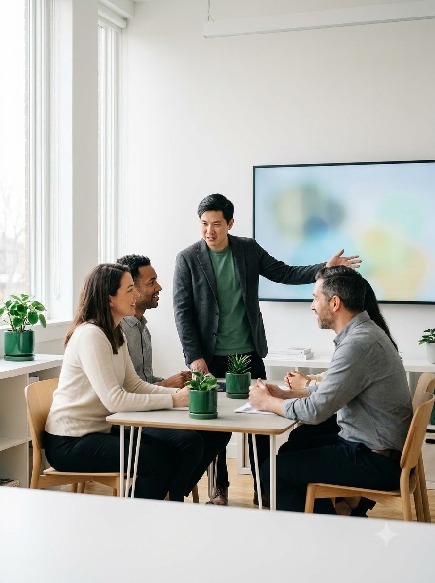 A learner presenting their project to colleagues in a meeting room